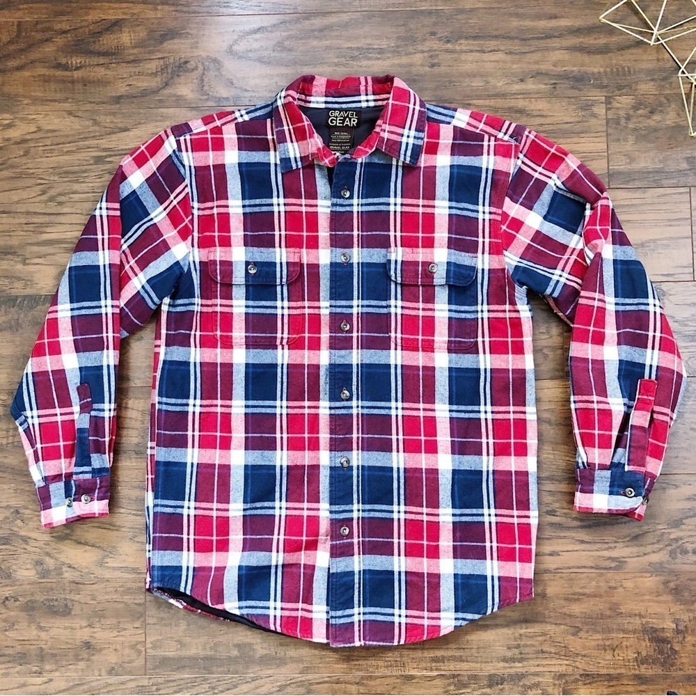 Gravel Gear • mens thick plaid flannel shirt red blue warm lined heavy workwear